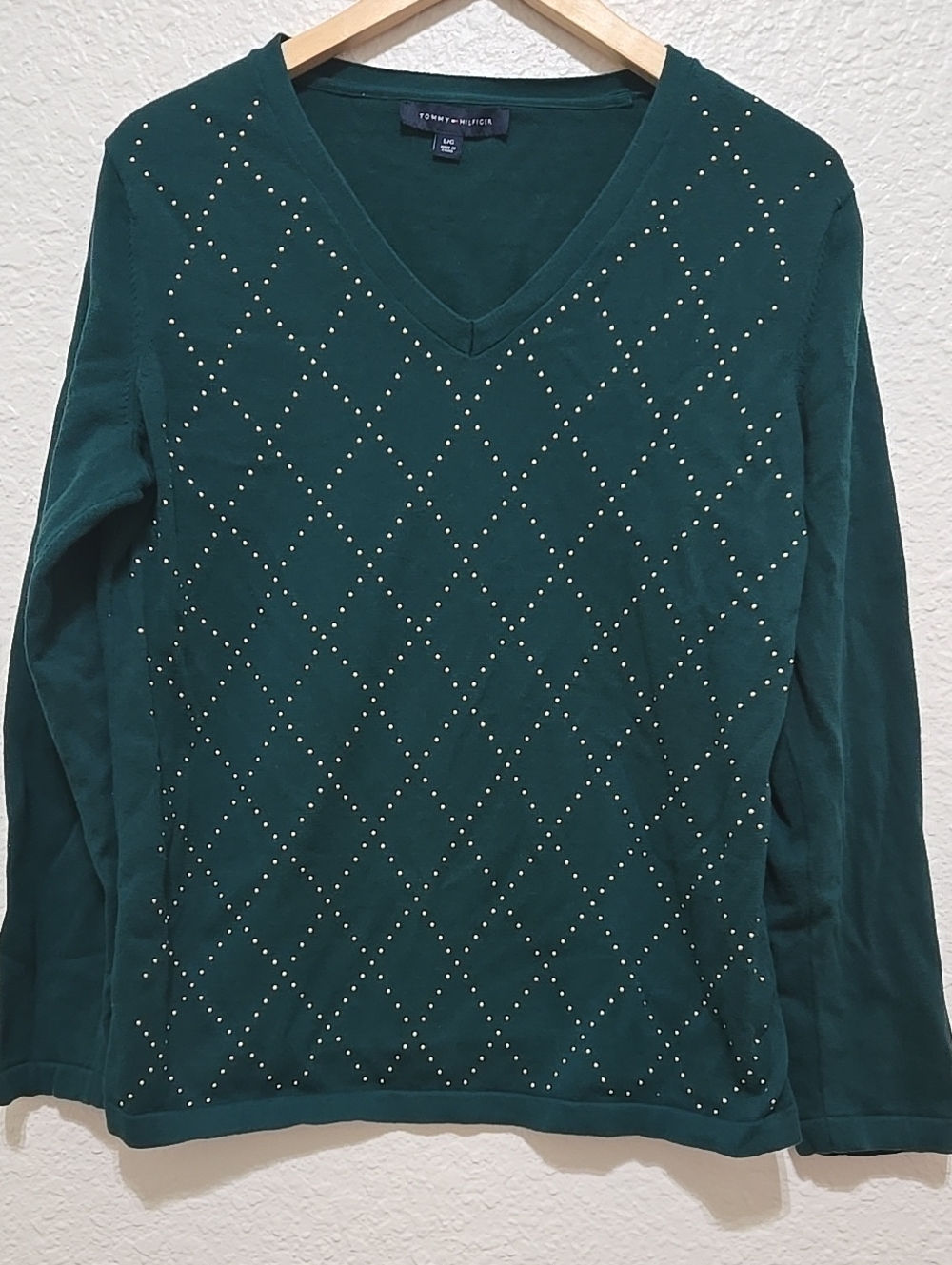Tommy Hilfiger Dark Esmerald V-Neck Sweater with Studded Diamond Grid